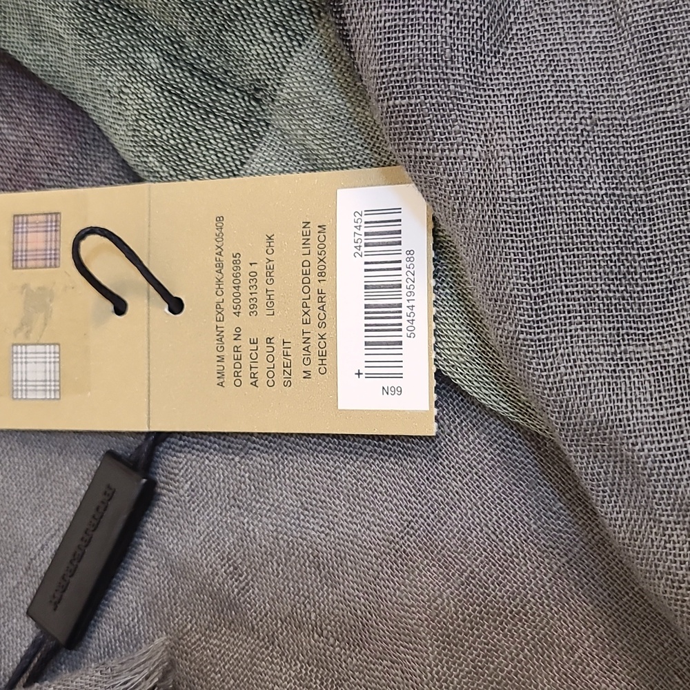 Burberry Scarf Medium Giant Exploded Linen Check In Green, Black, and Grey - Picture 6 of 6